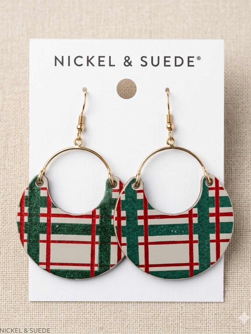 NEW Nickel & Suede Green Plaid Hoop Drop Earrings